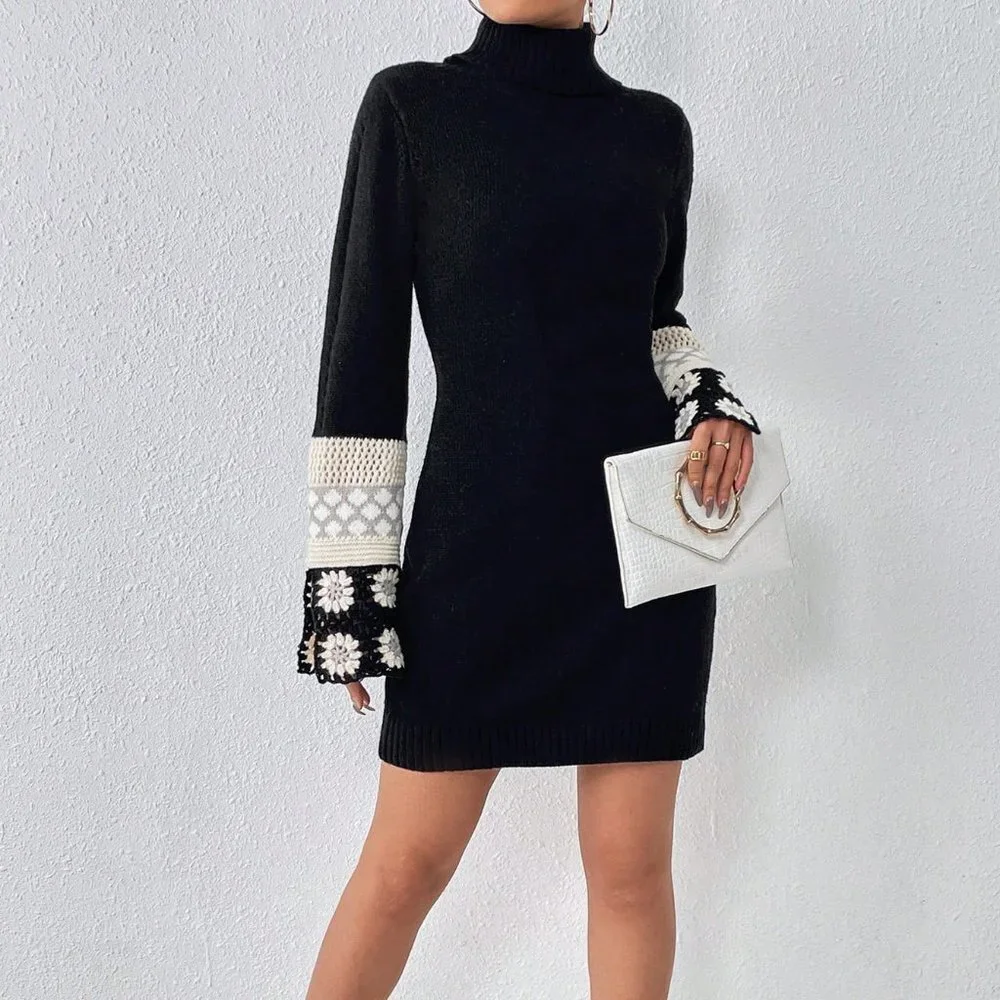 Black Preppy Womens Floral Crochet Turtle Neck Trumpet Sleeve Sweater Dress - Picture 1 of 5